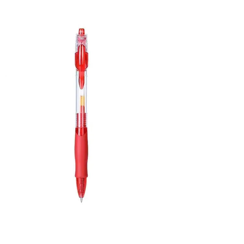 A black, blue, or red plastic gel pen with a 0.5mm tip, shown with black, red, and blue ink refills.