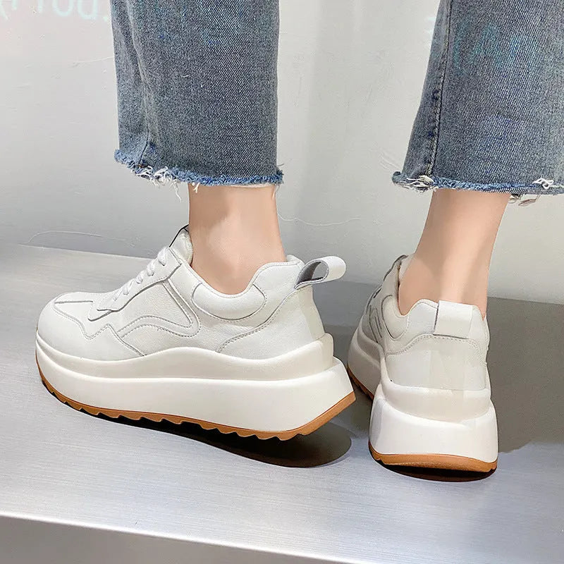 Beige cowhide leather women's casual sports shoes with low-top design, round toe, English muffin heel and cross-strap