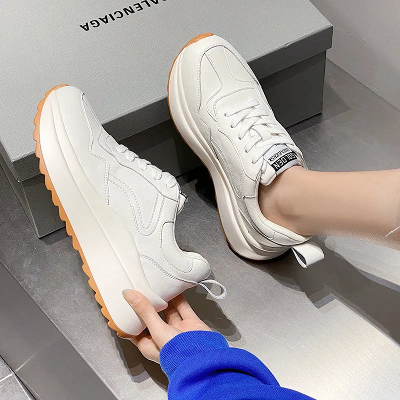Beige cowhide leather women's casual sports shoes with low-top design, round toe, English muffin heel and cross-strap