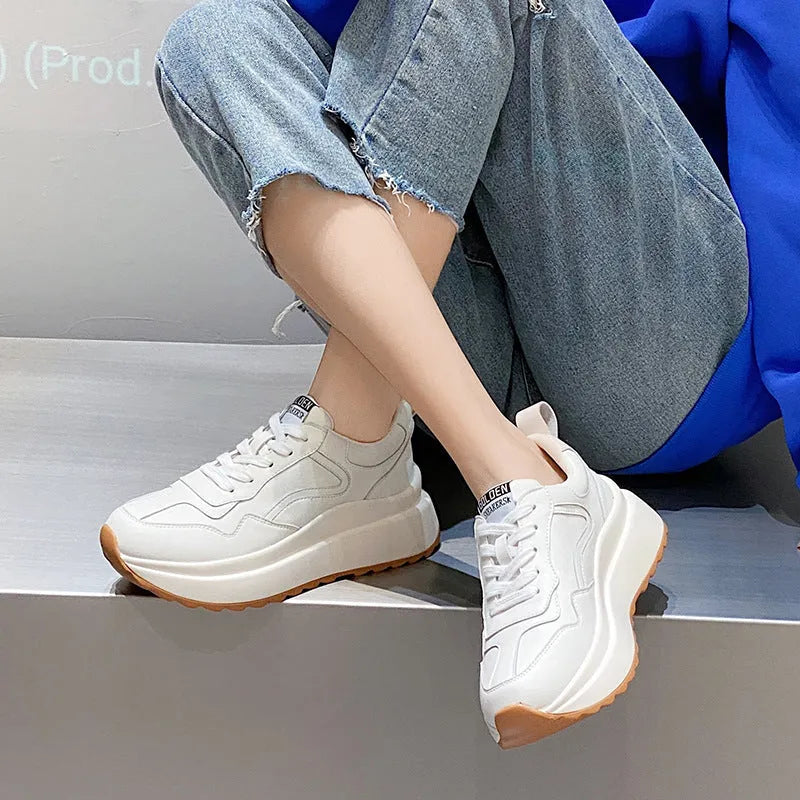 Beige cowhide leather women's casual sports shoes with low-top design, round toe, English muffin heel and cross-strap