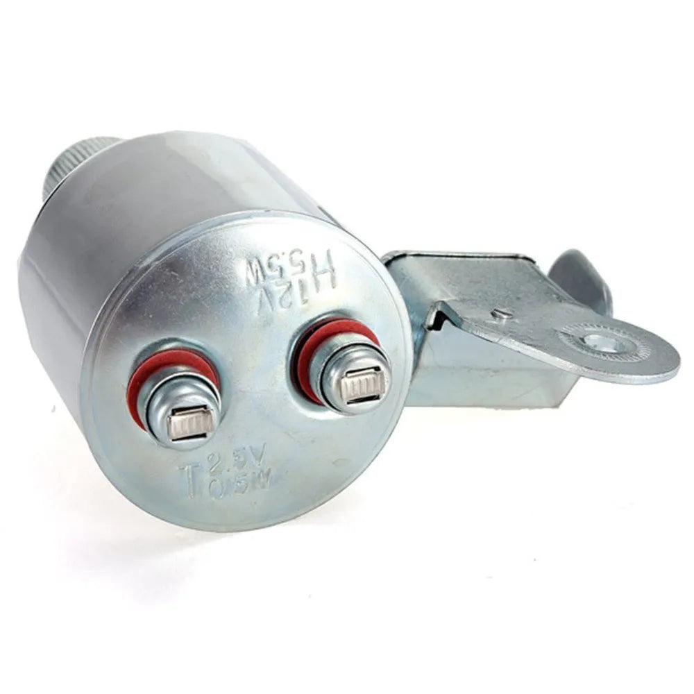 Silver aluminium bicycle dynamo light kit with generator, headlight, and tail light for friction-powered illumination.