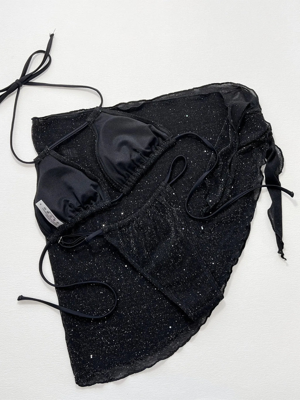 Black three-piece bikini swimsuit set with polyester construction showing front view