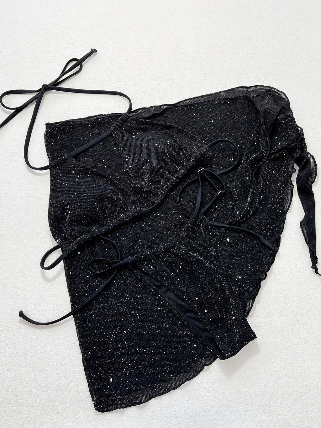 Black three-piece bikini swimsuit set with polyester construction showing front view