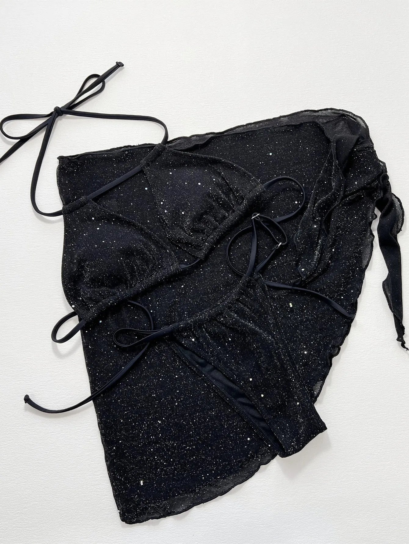 Black three-piece bikini swimsuit set with polyester construction showing front view