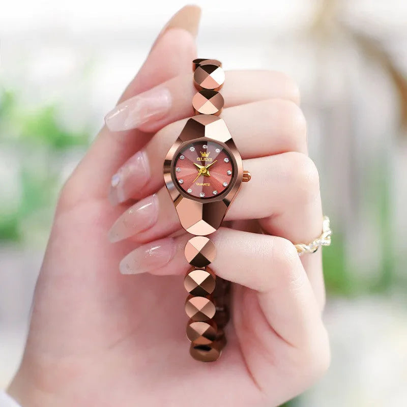 Rose gold plated ceramic tungsten steel bracelet quartz watch with synthetic zircon stones, 20mm case, 21cm inner circumference