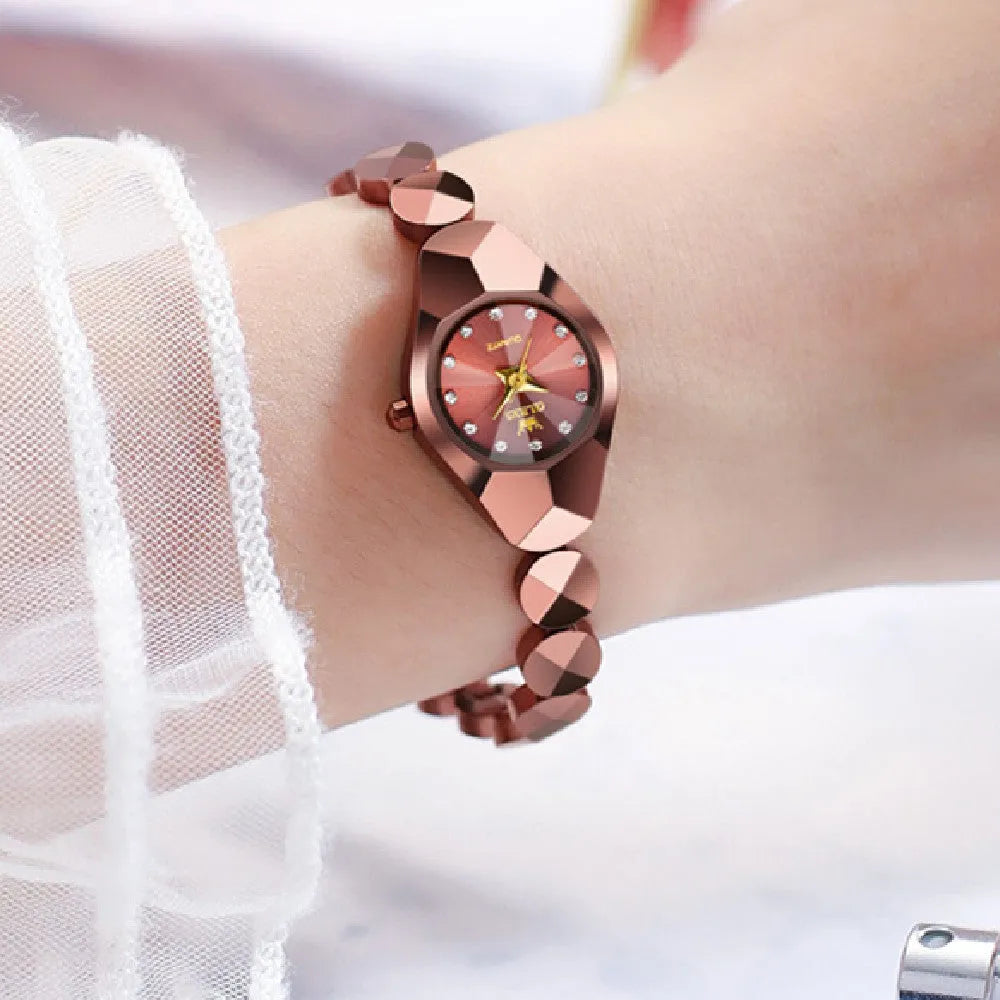Rose gold plated ceramic tungsten steel bracelet quartz watch with synthetic zircon stones, 20mm case, 21cm inner circumference