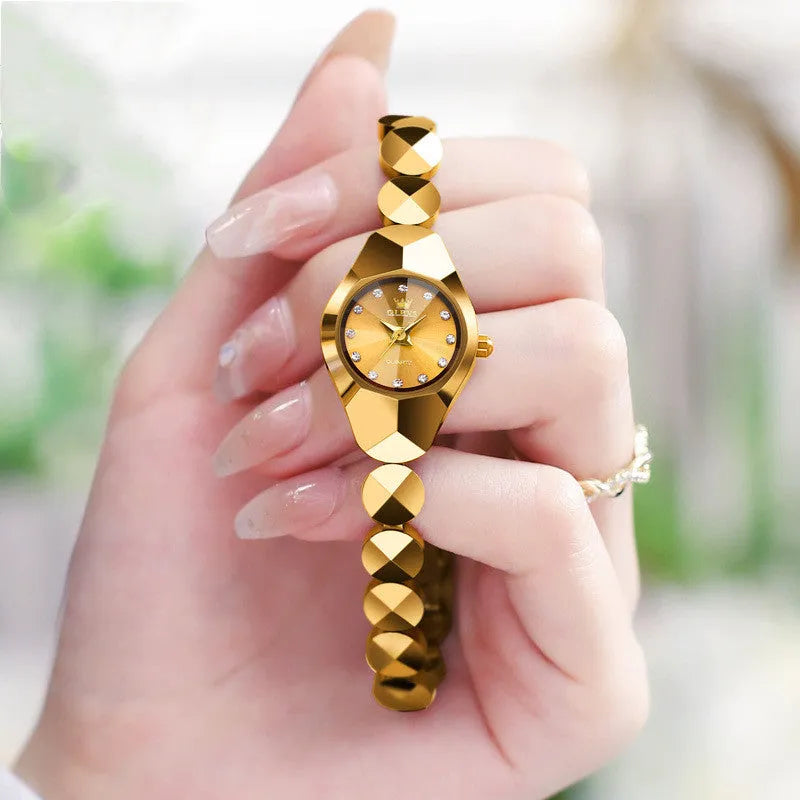 Rose gold plated ceramic tungsten steel bracelet quartz watch with synthetic zircon stones, 20mm case, 21cm inner circumference