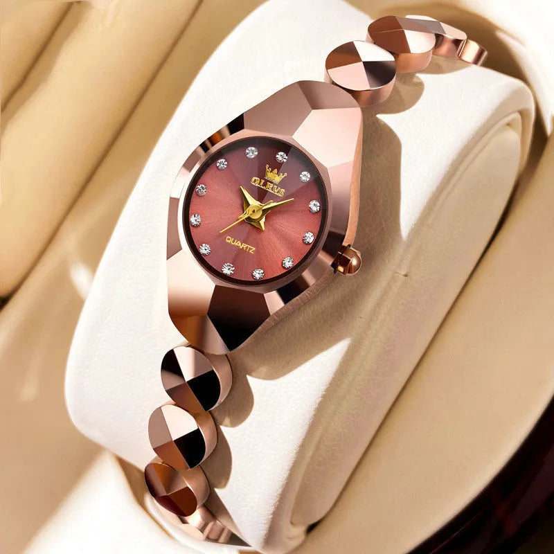 Rose gold plated ceramic tungsten steel bracelet quartz watch with synthetic zircon stones, 20mm case, 21cm inner circumference