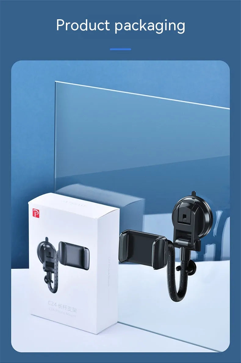 Black universal car mobile phone bracket with rotating metal arm and double supercharged design