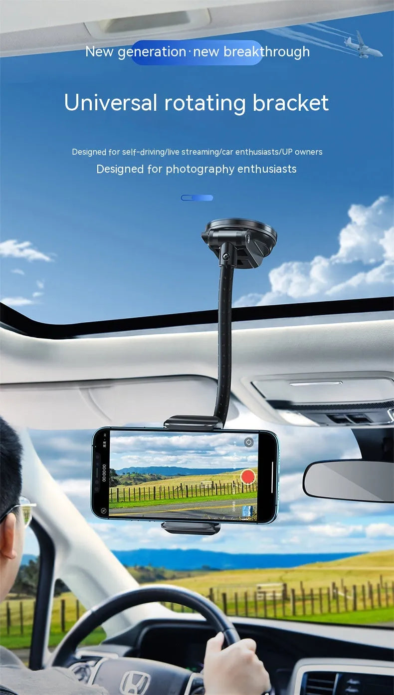Black universal car mobile phone bracket with rotating metal arm and double supercharged design