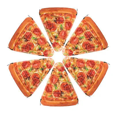Large green and red pizza slice inflatable surfboard floating on water