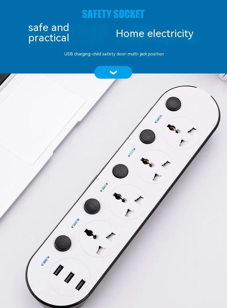 Multi-switch international power strip with UK, US, and EU plug options and USB charging ports.
