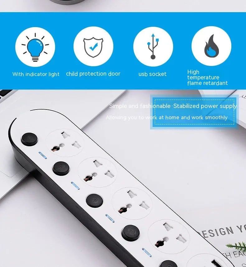Multi-switch international power strip with UK, US, and EU plug options and USB charging ports.