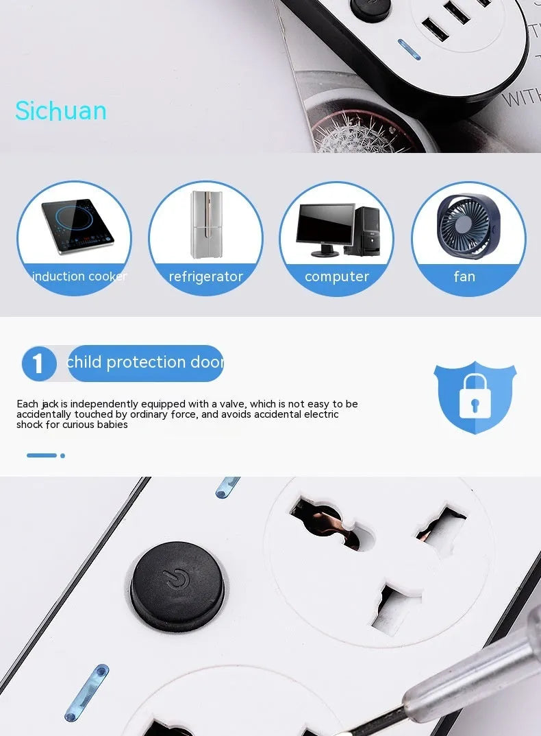 Multi-switch international power strip with UK, US, and EU plug options and USB charging ports.
