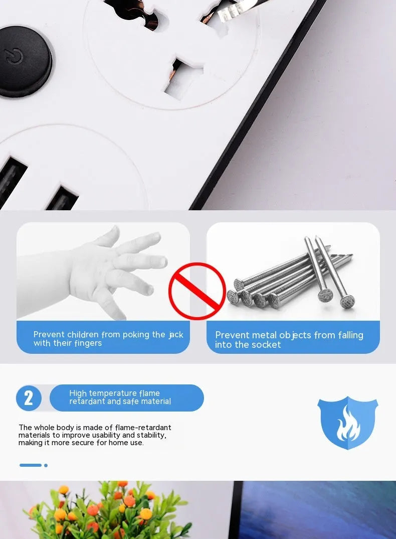 Multi-switch international power strip with UK, US, and EU plug options and USB charging ports.