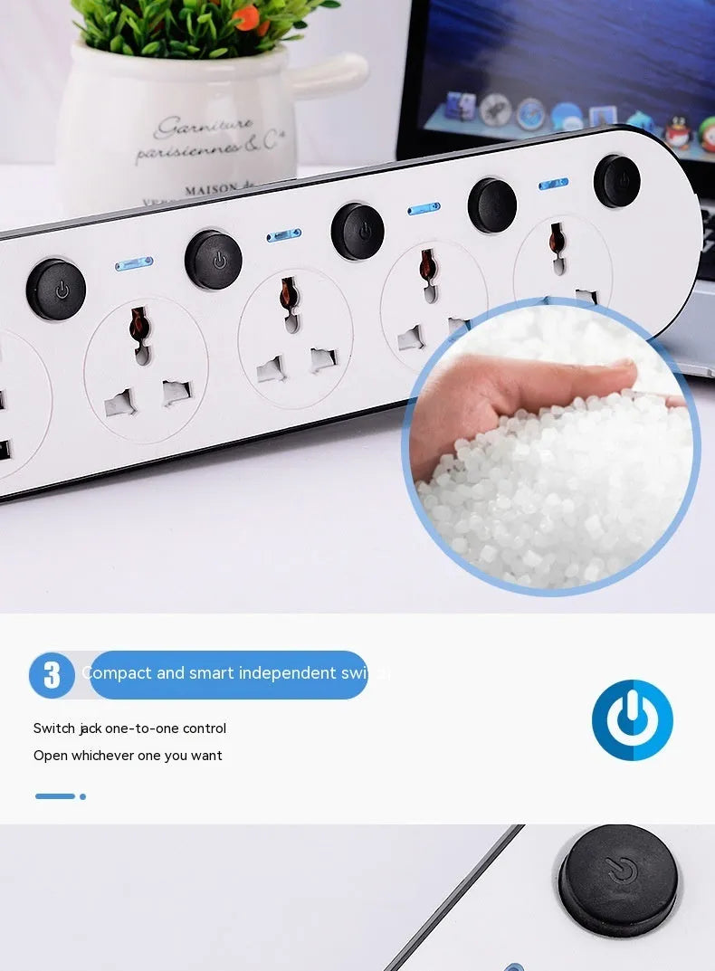 Multi-switch international power strip with UK, US, and EU plug options and USB charging ports.