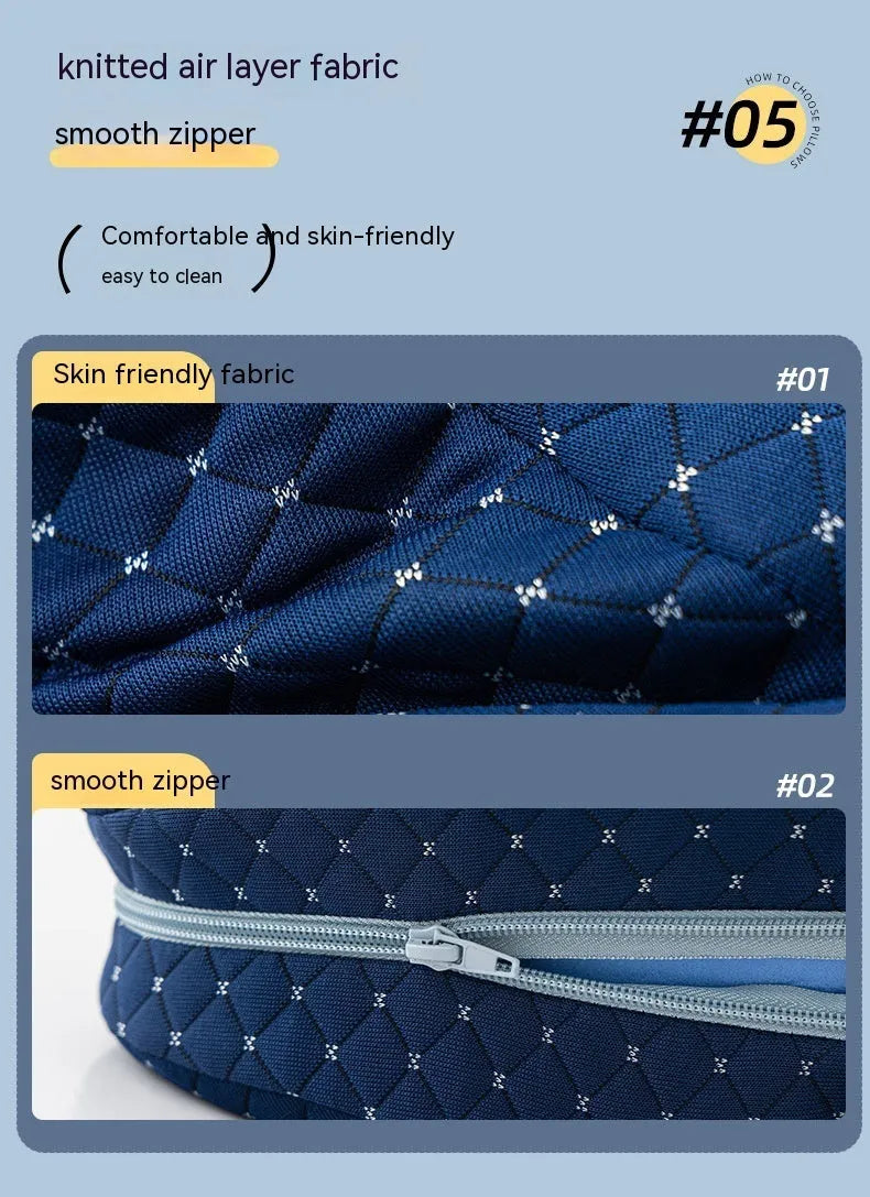 Heart-shaped dark blue memory foam leg pillow for adults on a bed