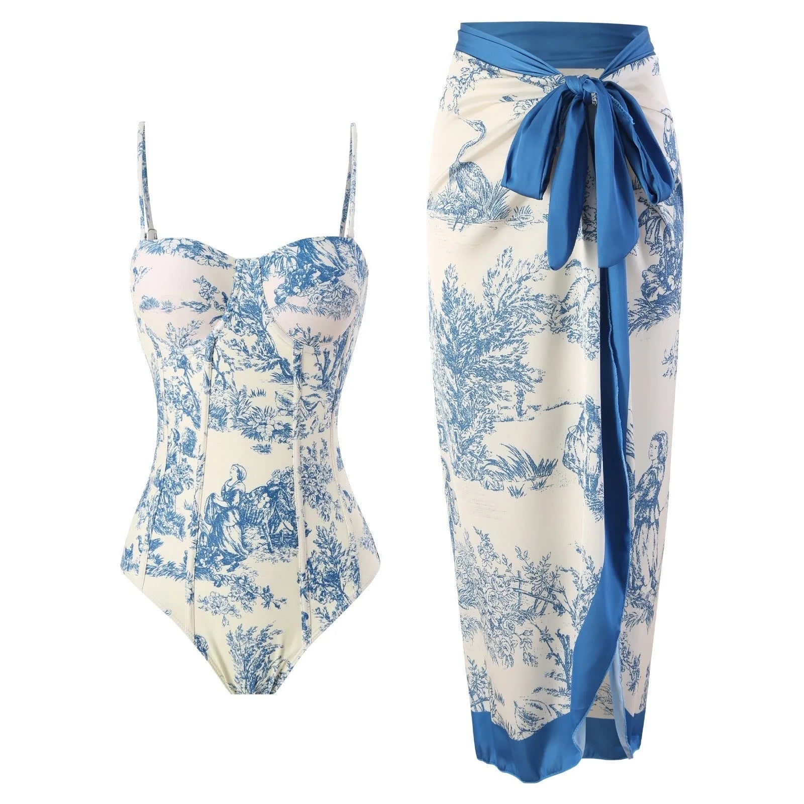 Blue patterned women's one-piece swimsuit with matching gauze skirt on size chart