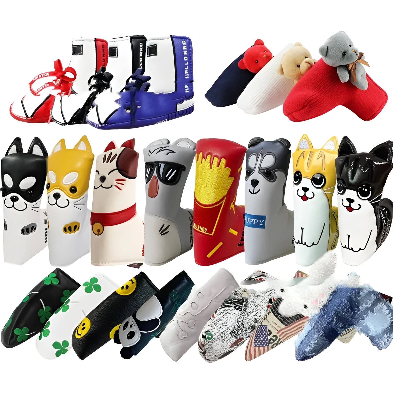 Golf putter sleeve cover in a novelty design, showing fleece lining and waterproof PU fabric.