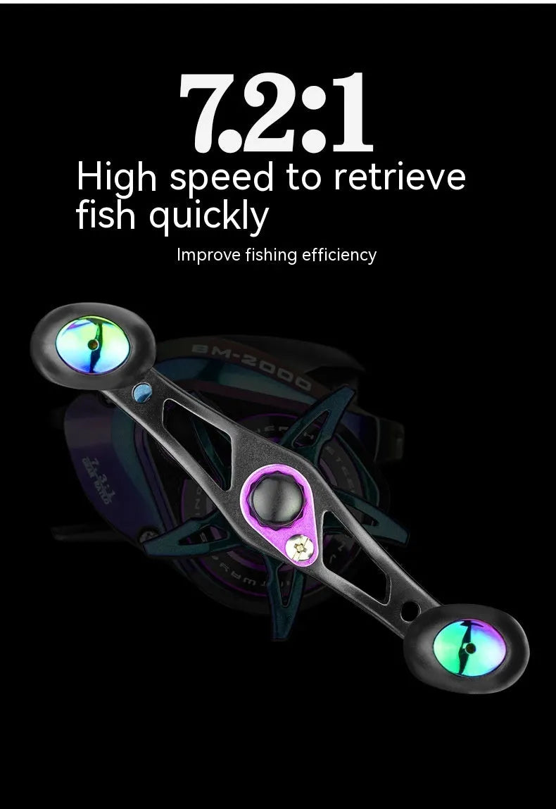 BM2000 fishing reel with water drop design and colourful finish showing magnetic brake system