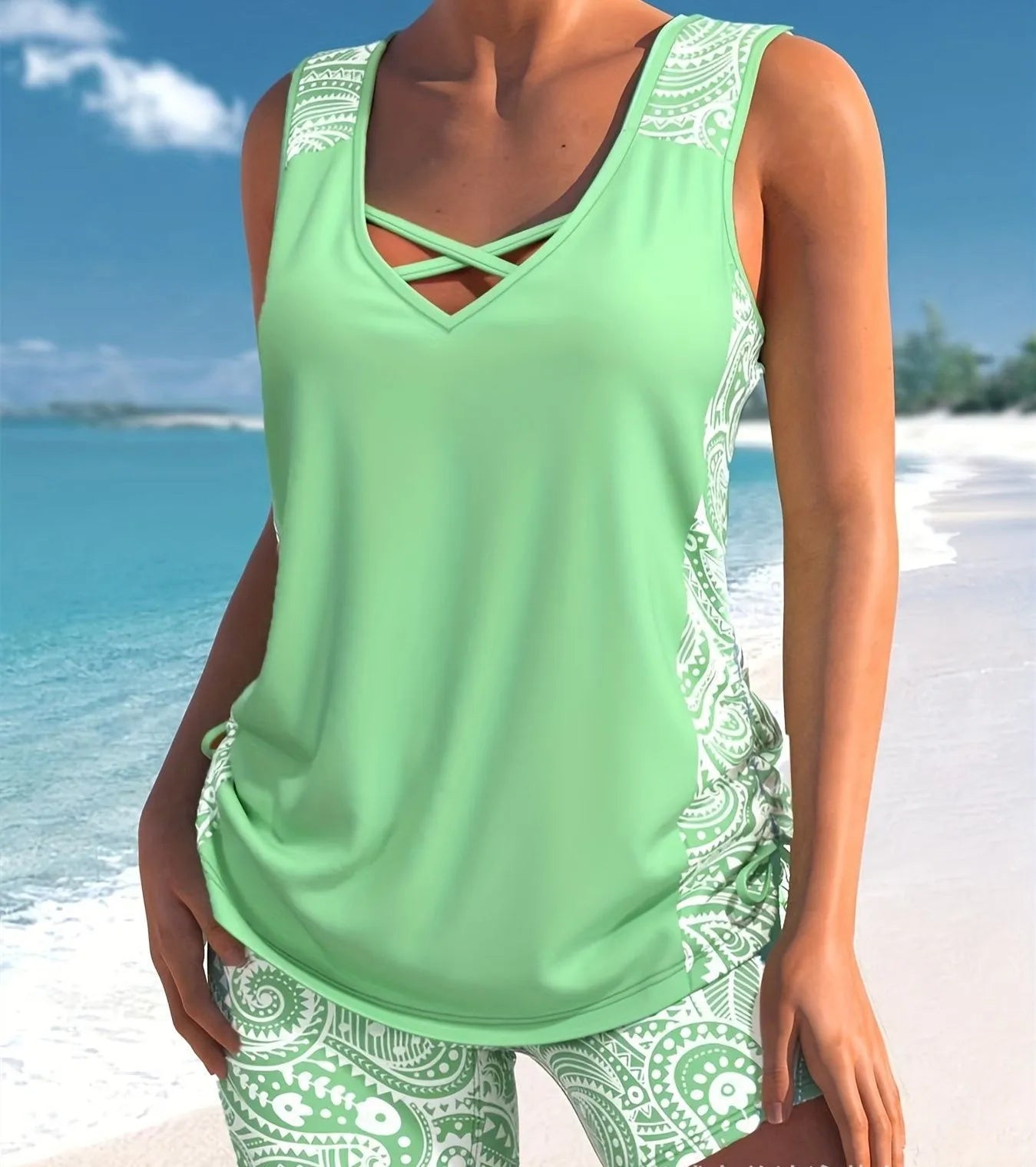 Women's printed split boxer swimsuit bikini set in various colours.