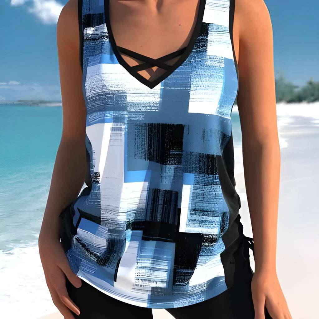 Women's printed split boxer swimsuit bikini set in various colours.