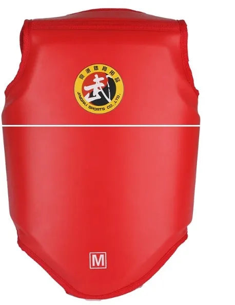 Red boxing helmet and matching one-piece chest protector set for training