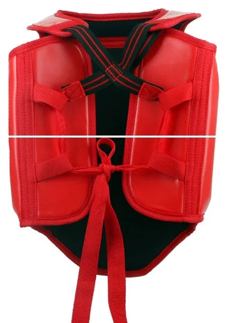 Red boxing helmet and matching one-piece chest protector set for training