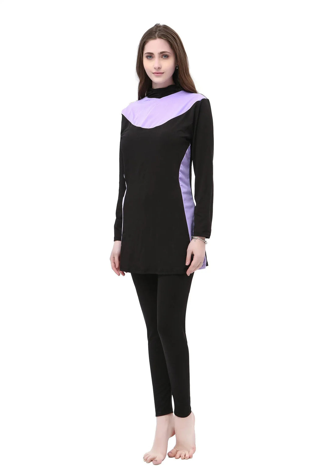 Conservative black women's swimsuit with hood, long sleeves, and full-length pants in a two-piece set.