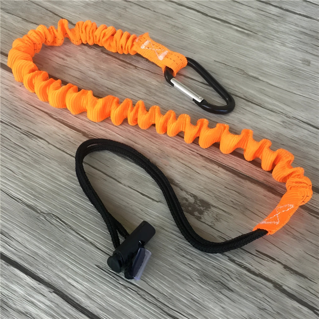 Orange 90 cm long elastic safety rope for fishing rod fall protection.