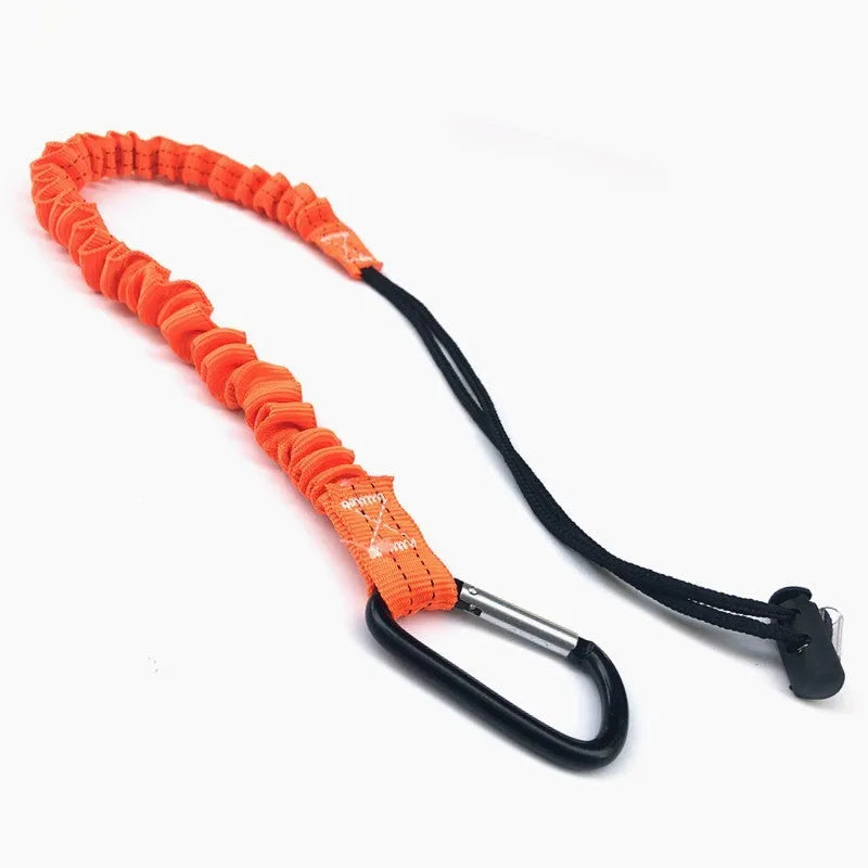 Orange 90 cm long elastic safety rope for fishing rod fall protection.