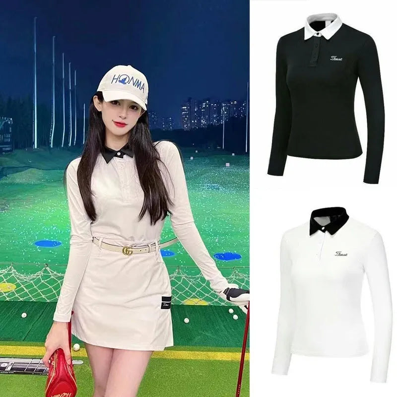 Women's white long sleeve golf top made from polyester sportswear fabric for outdoor activities