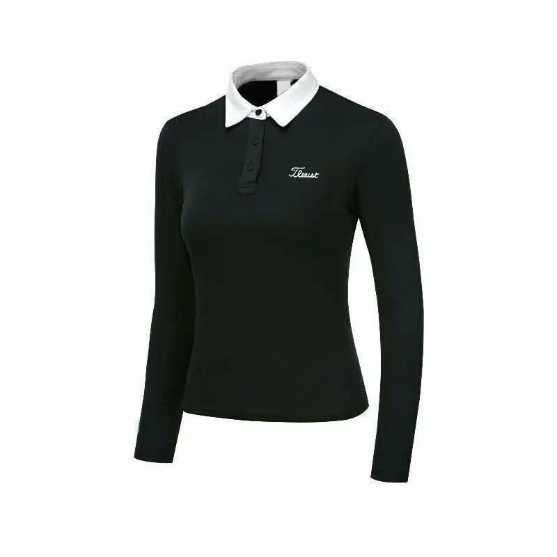 Women's white long sleeve golf top made from polyester sportswear fabric for outdoor activities