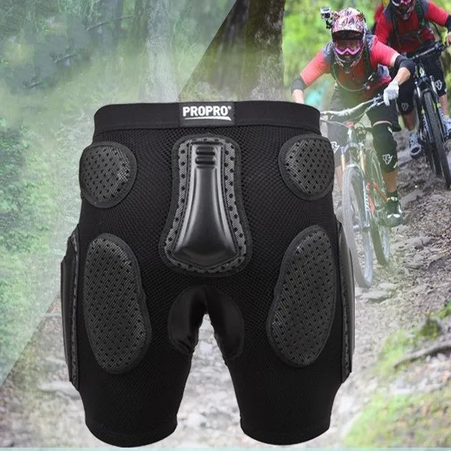 Black cycling hip protection pants showing protective padding area, available in sizes S M L XL