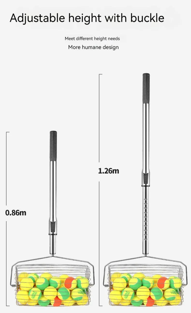 Stainless steel tennis ball roller picker with adjustable handle on a court.