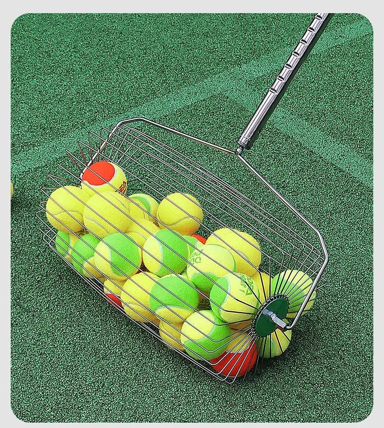 Stainless steel tennis ball roller picker with adjustable handle on a court.