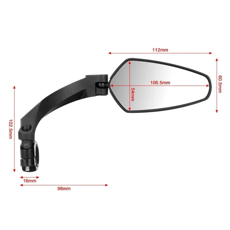 Black rotatable acrylic rearview mirror for mountain bike handlebars.