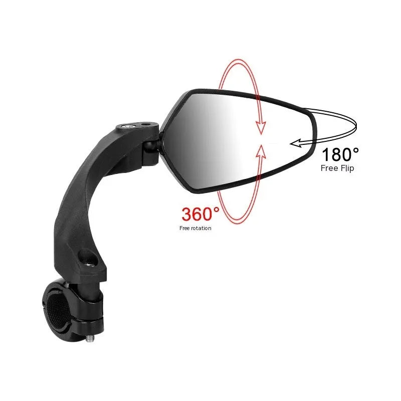 Black rotatable acrylic rearview mirror for mountain bike handlebars.