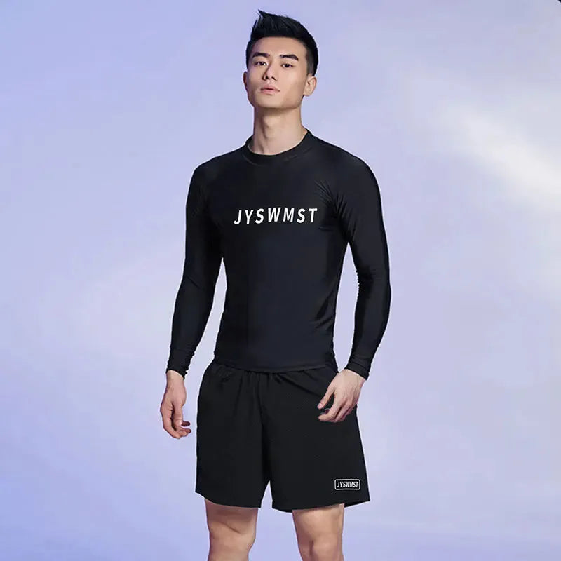 Men's patterned two-piece swimsuit set showing top and trousers on a size chart background.