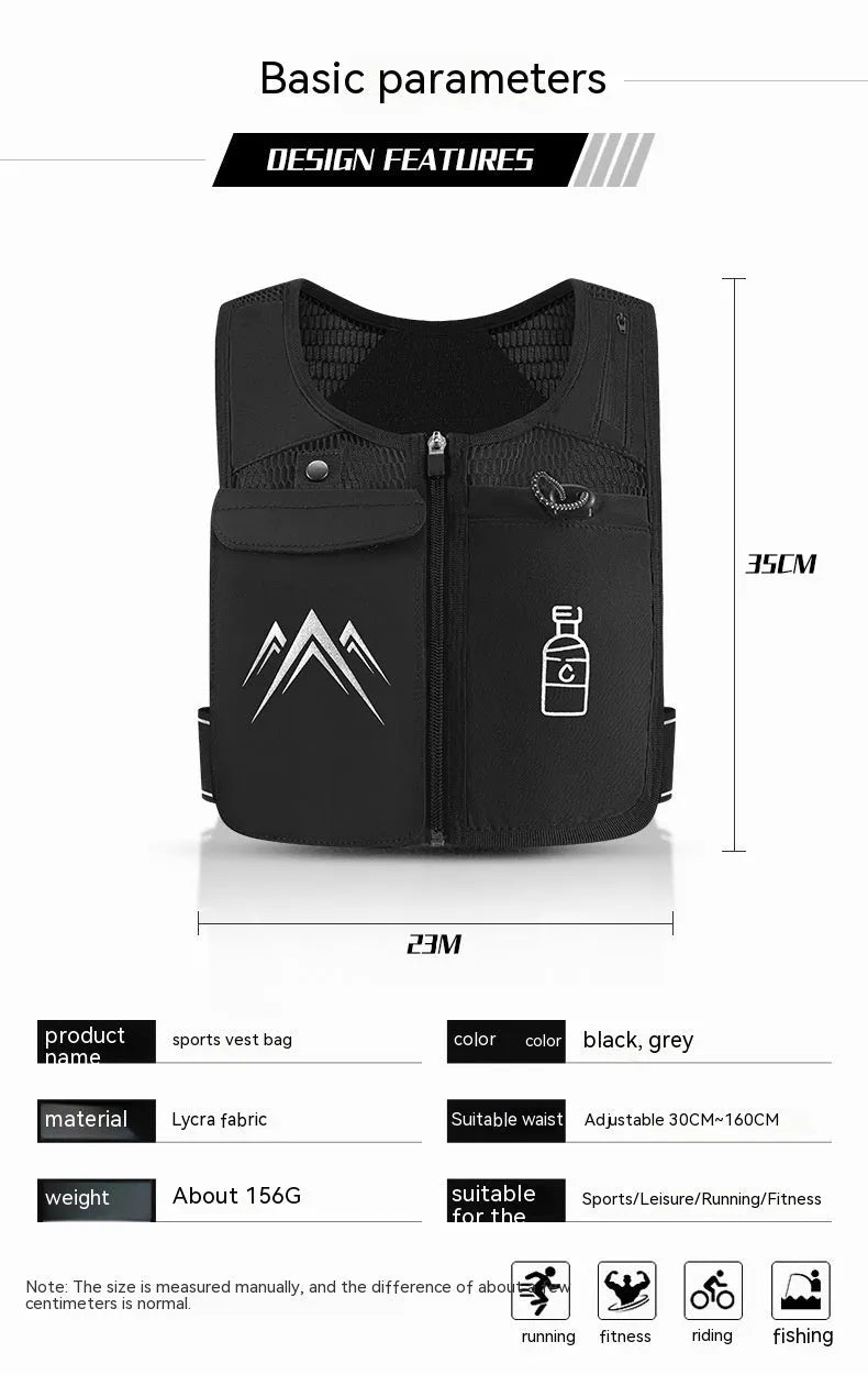 Black breathable mesh sports running vest with a front pocket for a mobile phone.