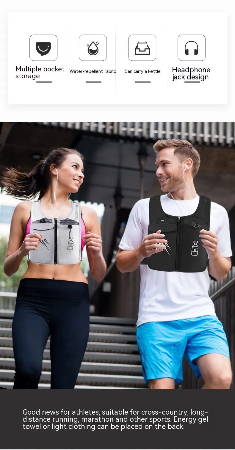 Black breathable mesh sports running vest with a front pocket for a mobile phone.