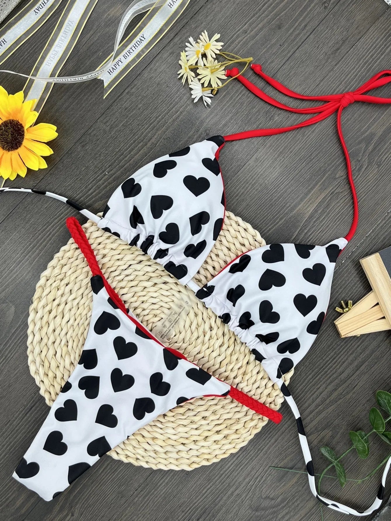 Heart pattern backless swimsuit with briefs style and split design for swimming activities
