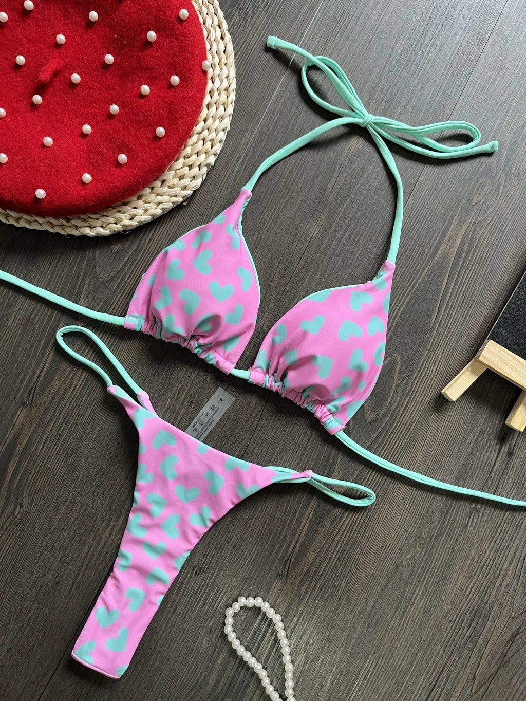 Heart pattern backless swimsuit with briefs style and split design for swimming activities
