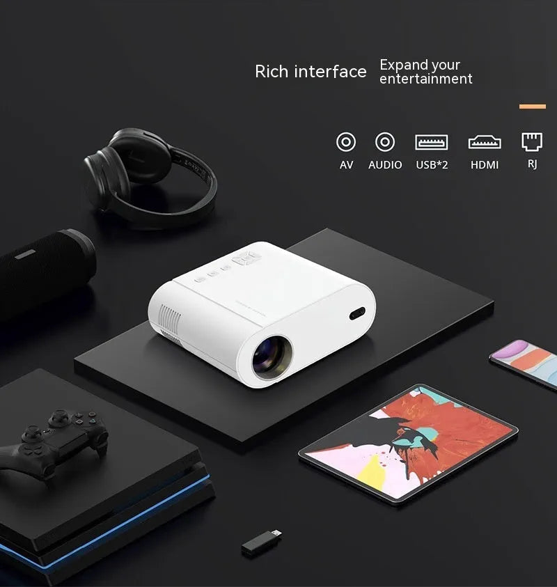 White T07 Full HD smart projector with remote control on table