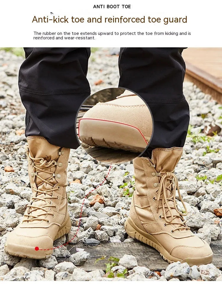 Yulong tactical desert combat climbing boots in black and sand colour options.