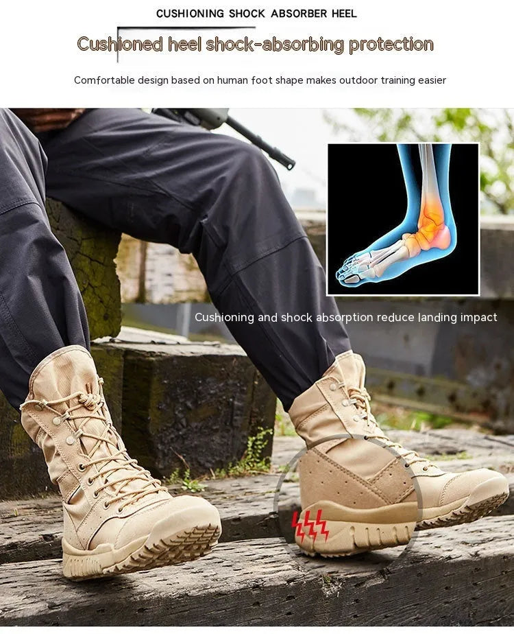Yulong tactical desert combat climbing boots in black and sand colour options.
