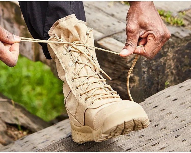 Yulong tactical desert combat climbing boots in black and sand colour options.