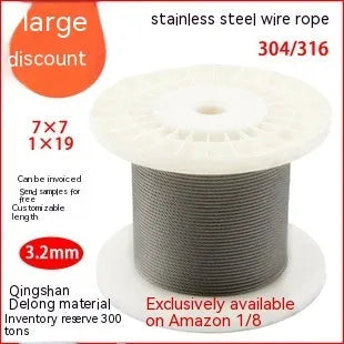 Close-up of a coiled 304 stainless steel multi-strand security cable on a grey background.