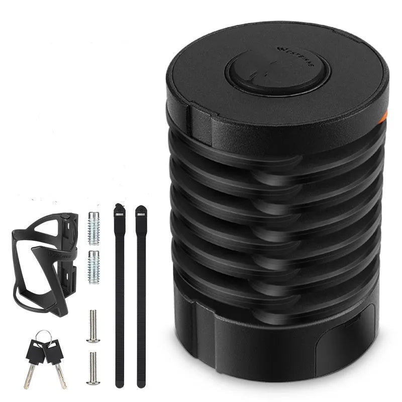 Portable bicycle folding lock shown in folded and extended positions with zinc alloy construction