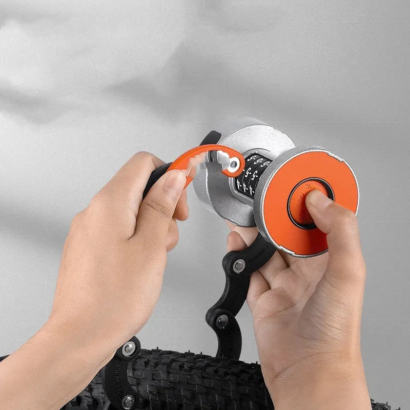 Portable bicycle folding lock shown in folded and extended positions with zinc alloy construction